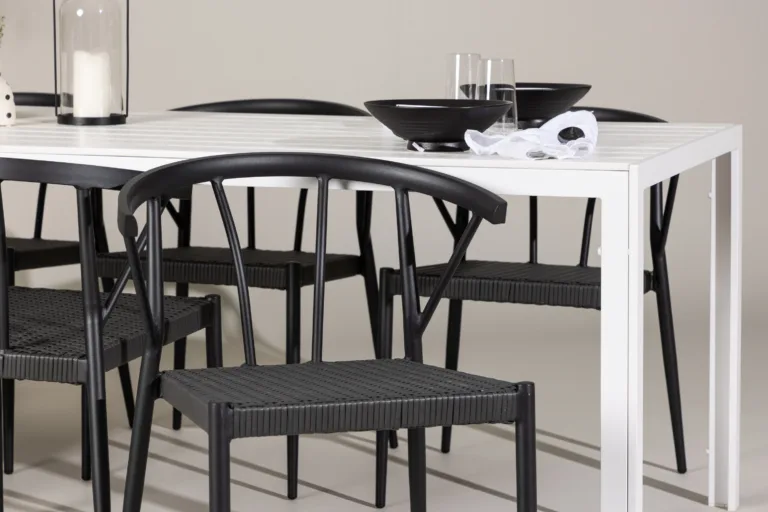 Aiamööbli söögikomplekt Break/Stina (valge laud, 6 musta punutud tooli, alumiinium) - GR24302