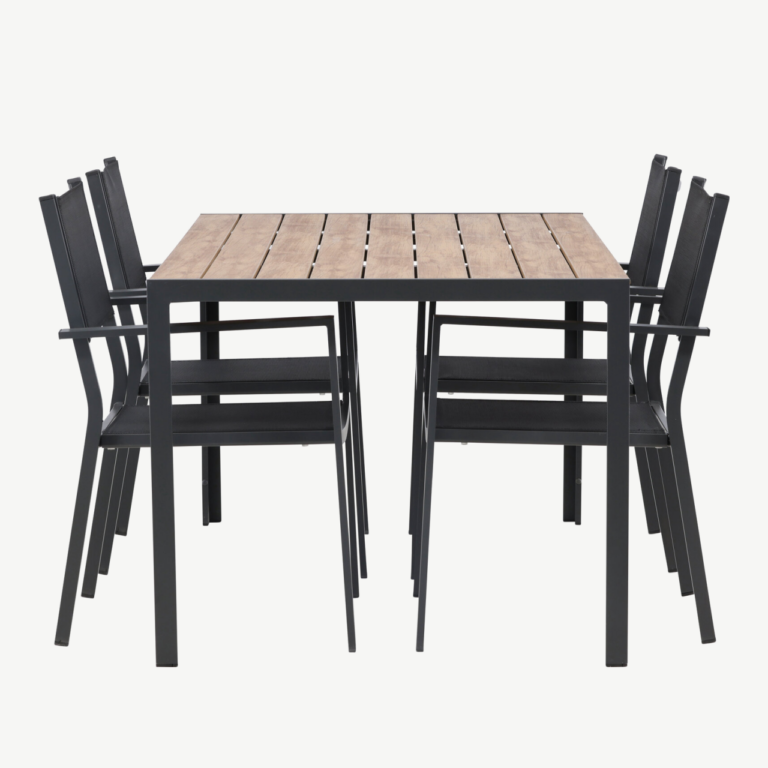Aiamööblikomplekt Break – ristkülikukujuline laud (150x90 cm) ja 4 musta stackitavat tooli - GR23337