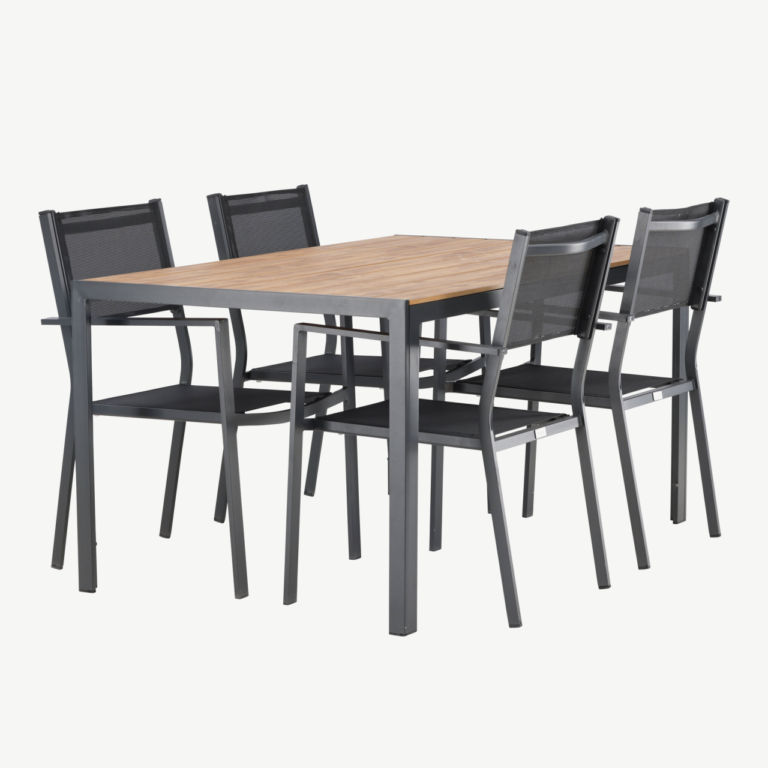 Aiamööblikomplekt Break – ristkülikukujuline laud (150x90 cm) ja 4 musta stackitavat tooli - GR23337
