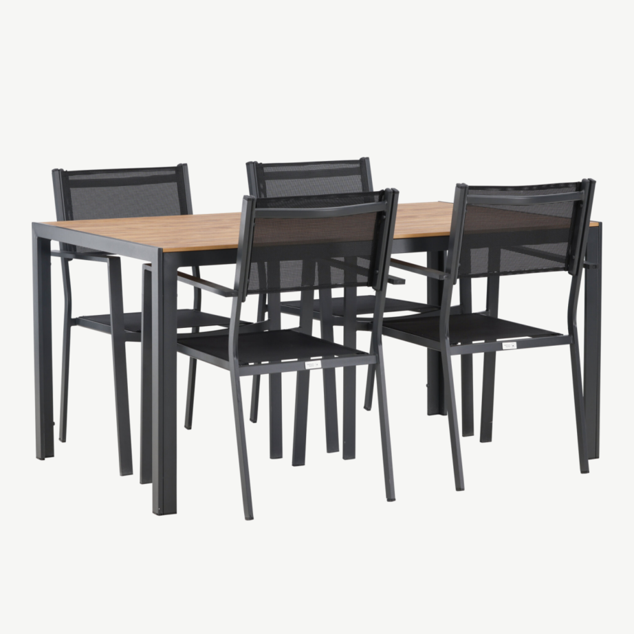 Aiamööblikomplekt Break – ristkülikukujuline laud (150×90 cm) ja 4 musta stackitavat tooli, GR23337 – 4