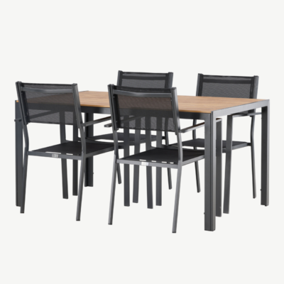 Aiamööblikomplekt Break – ristkülikukujuline laud (150x90 cm) ja 4 musta stackitavat tooli - GR23337