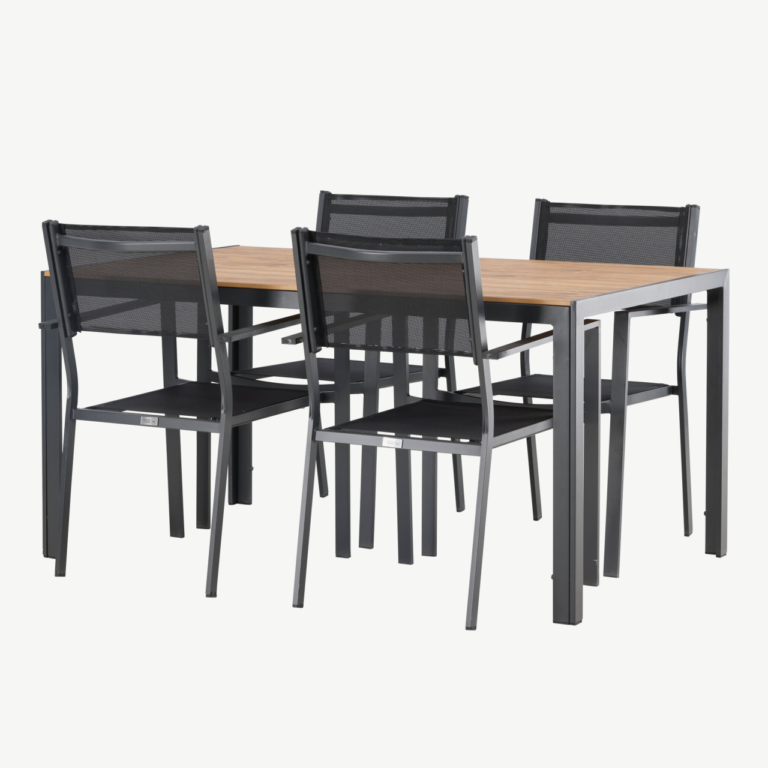 Aiamööblikomplekt Break – ristkülikukujuline laud (150x90 cm) ja 4 musta stackitavat tooli - GR23337