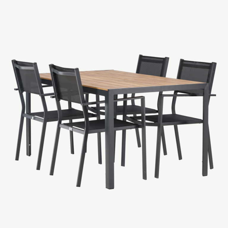 Aiamööblikomplekt Break – ristkülikukujuline laud (150x90 cm) ja 4 musta stackitavat tooli - GR23337