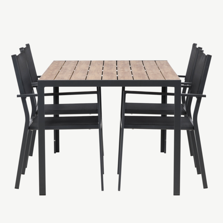 Aiamööblikomplekt Break – ristkülikukujuline laud (150x90 cm) ja 4 musta stackitavat tooli - GR23337