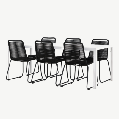 Aiamööblikomplekt Break laud ja 6 musta Lindos tooli (alumiinium, valge aintwood, virnastatavad toolid) - GR24295