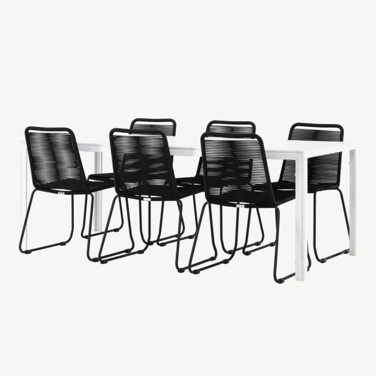 Aiamööblikomplekt Break laud ja 6 musta Lindos tooli (alumiinium, valge aintwood, virnastatavad toolid) - GR24295