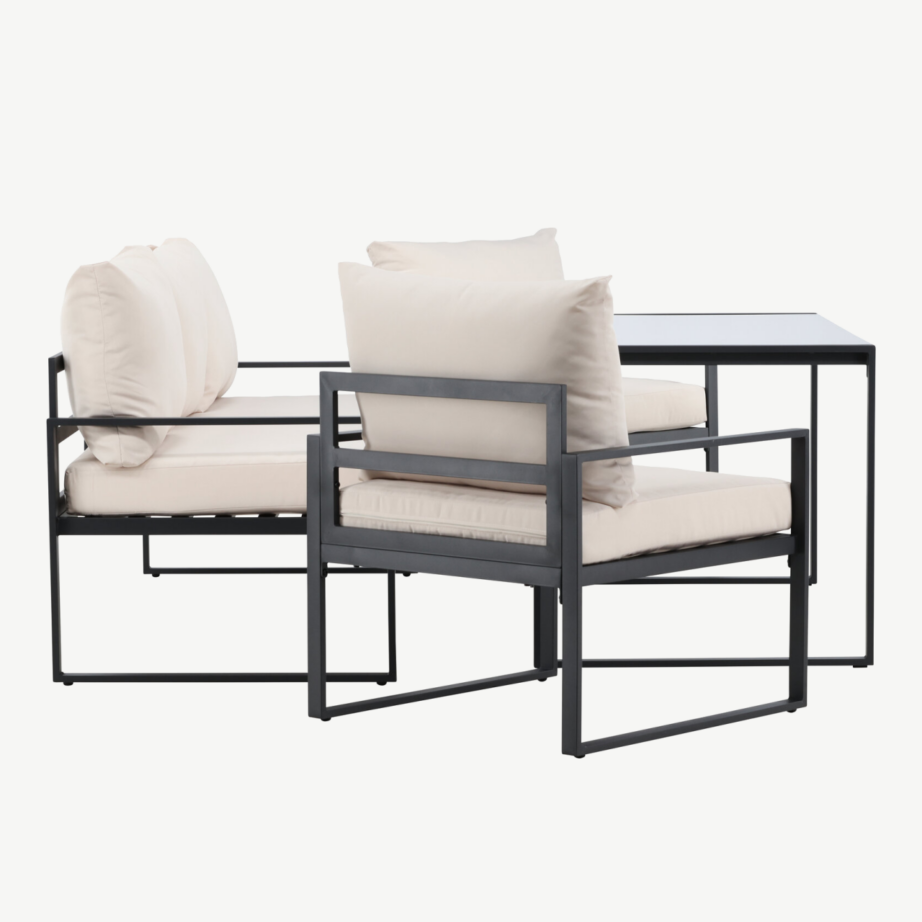 Aiamööblikomplekt Catania – must terasraam, beežid pehmendused, klaasist lauaplaat, 9784-000 – 2