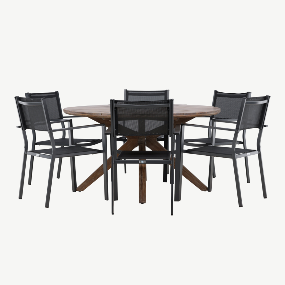Akaatsiapuidust ümmargune aiamööblikomplekt Rosario (laud Ø140 cm ja 6 musta Copacabana tooli, alumiinium/tekstileen), GR24330 – 2