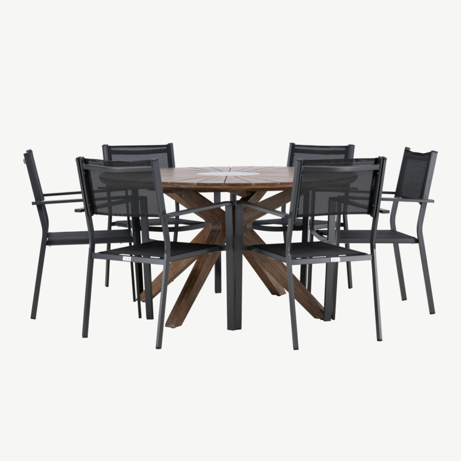 Akaatsiapuidust ümmargune aiamööblikomplekt Rosario (laud Ø140 cm ja 6 musta Copacabana tooli, alumiinium/tekstileen), GR24330 – 3