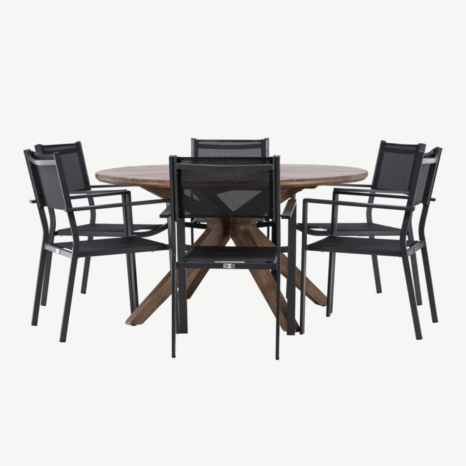 Akaatsiapuidust ümmargune aiamööblikomplekt Rosario (laud Ø140 cm ja 6 musta Copacabana tooli, alumiinium/tekstileen), GR24330 – 4
