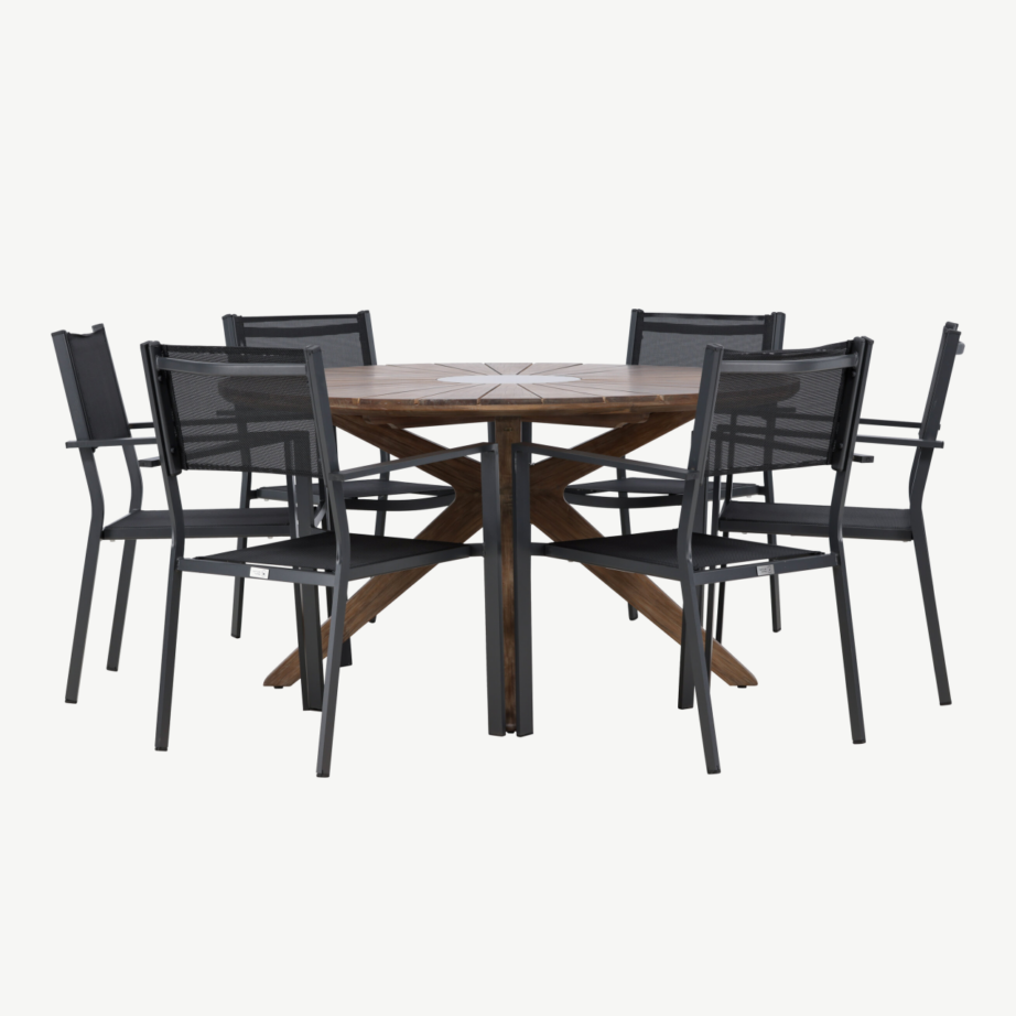 Akaatsiapuidust ümmargune aiamööblikomplekt Rosario (laud Ø140 cm ja 6 musta Copacabana tooli, alumiinium/tekstileen), GR24330 – 5