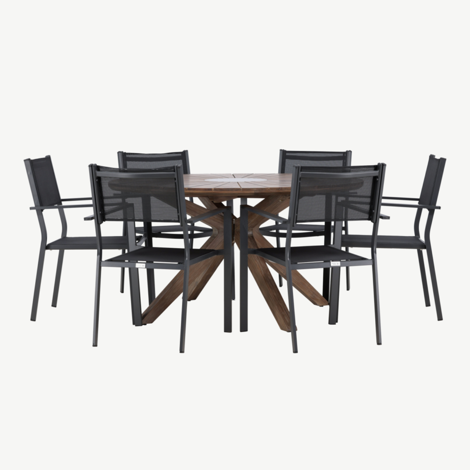 Akaatsiapuidust ümmargune aiamööblikomplekt Rosario (laud Ø140 cm ja 6 musta Copacabana tooli, alumiinium/tekstileen), GR24330 – 6