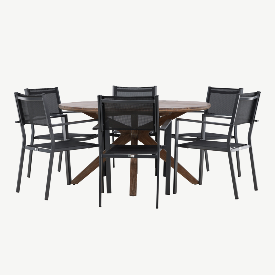 Akaatsiapuidust ümmargune aiamööblikomplekt Rosario (laud Ø140 cm ja 6 musta Copacabana tooli, alumiinium/tekstileen), GR24330 – 7