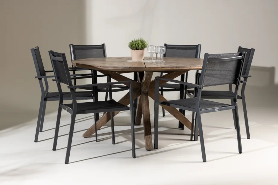 Akaatsiapuidust ümmargune aiamööblikomplekt Rosario (laud Ø140 cm ja 6 musta Copacabana tooli, alumiinium/tekstileen), GR24330 – 8