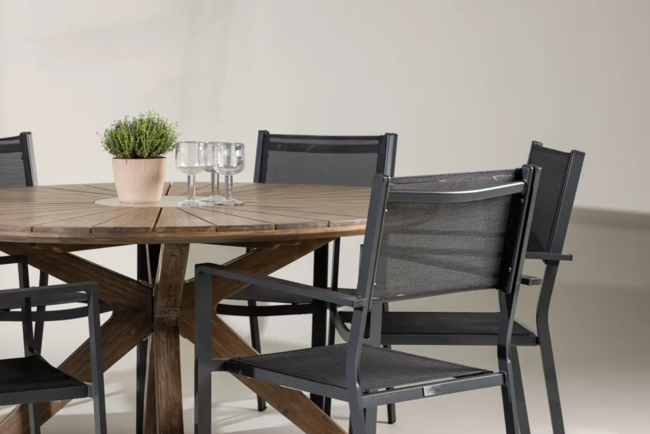 Akaatsiapuidust ümmargune aiamööblikomplekt Rosario (laud Ø140 cm ja 6 musta Copacabana tooli, alumiinium/tekstileen), GR24330 – 9