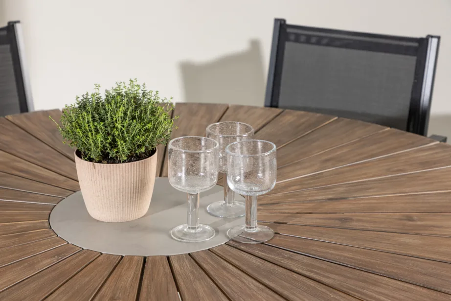 Akaatsiapuidust ümmargune aiamööblikomplekt Rosario (laud Ø140 cm ja 6 musta Copacabana tooli, alumiinium/tekstileen), GR24330 – 10