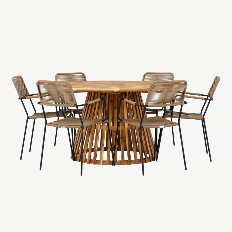 Akaatsiapuust ümmargune aiakomplekt Tucumán (laud ø150 cm ja 6 Lindos köistoooli, pruun/must), GR24316 - 6