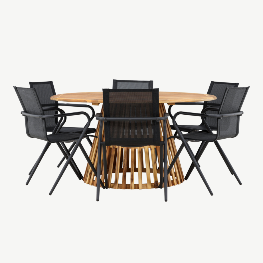 Akaatsiapuust ümmargune aiakomplekt Tucumán (laud ø150cm, 6 musta alumiiniumist tooli), GR24320 – 2