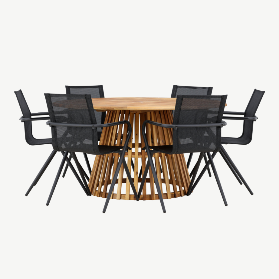 Akaatsiapuust ümmargune aiakomplekt Tucumán (laud ø150cm, 6 musta alumiiniumist tooli), GR24320 – 3