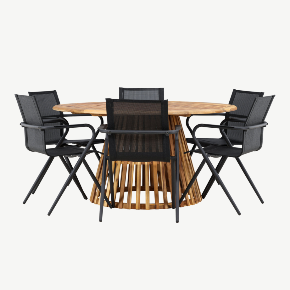Akaatsiapuust ümmargune aiakomplekt Tucumán (laud ø150cm, 6 musta alumiiniumist tooli), GR24320 – 4