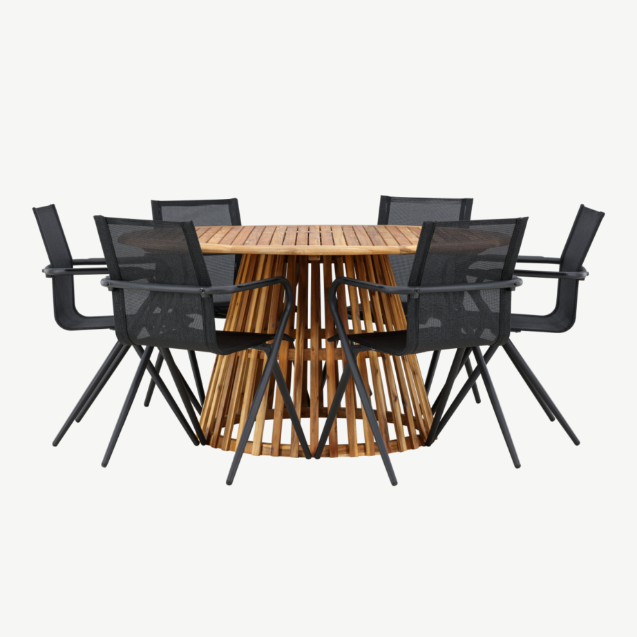 Akaatsiapuust ümmargune aiakomplekt Tucumán (laud ø150cm, 6 musta alumiiniumist tooli), GR24320 – 5