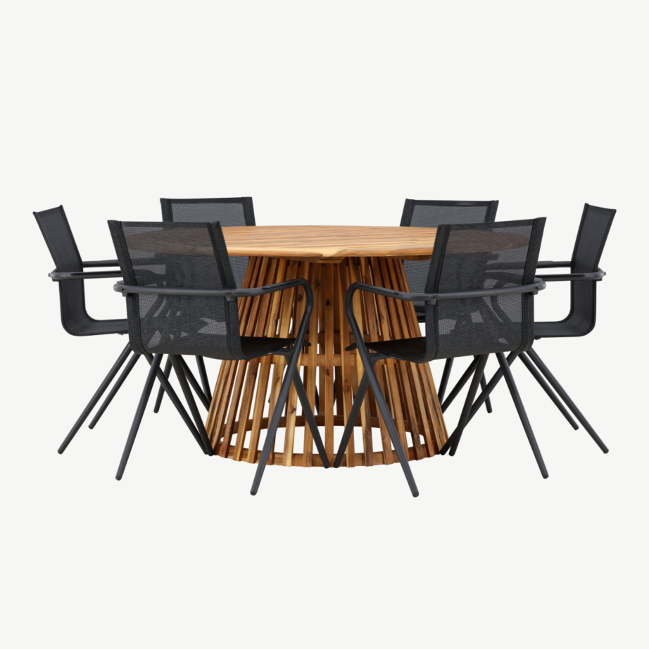 Akaatsiapuust ümmargune aiakomplekt Tucumán (laud ø150cm, 6 musta alumiiniumist tooli), GR24320 – 6