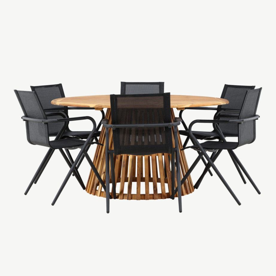 Akaatsiapuust ümmargune aiakomplekt Tucumán (laud ø150cm, 6 musta alumiiniumist tooli), GR24320 – 7