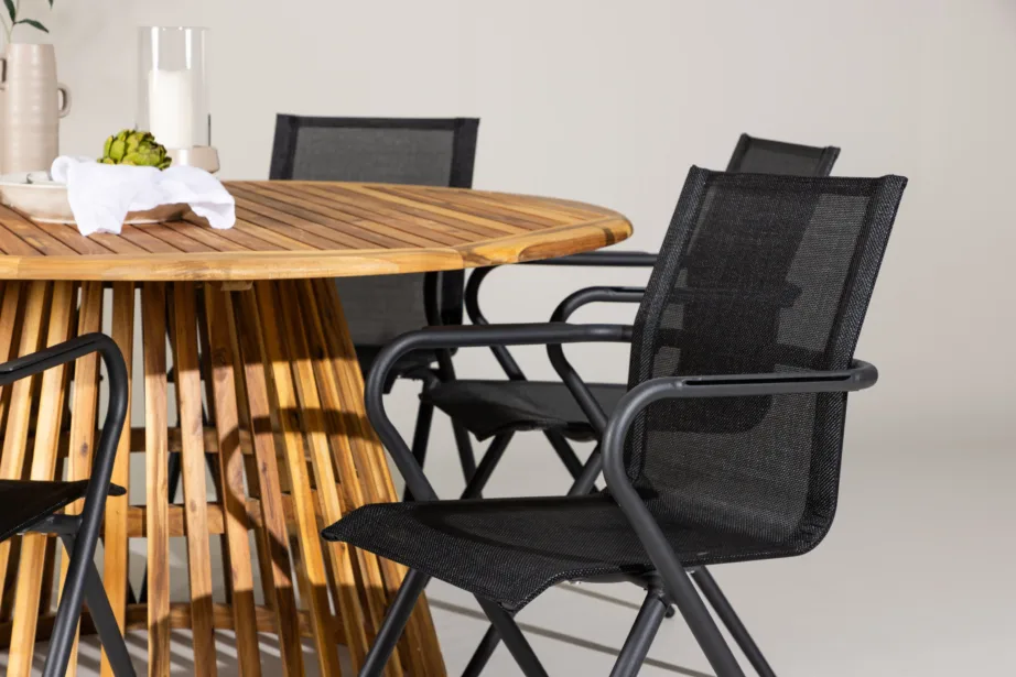 Akaatsiapuust ümmargune aiakomplekt Tucumán (laud ø150cm, 6 musta alumiiniumist tooli), GR24320 – 10