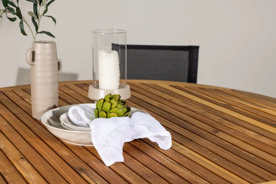 Akaatsiapuust ümmargune aiakomplekt Tucumán (laud ø150cm, 6 musta alumiiniumist tooli), GR24320 – 11