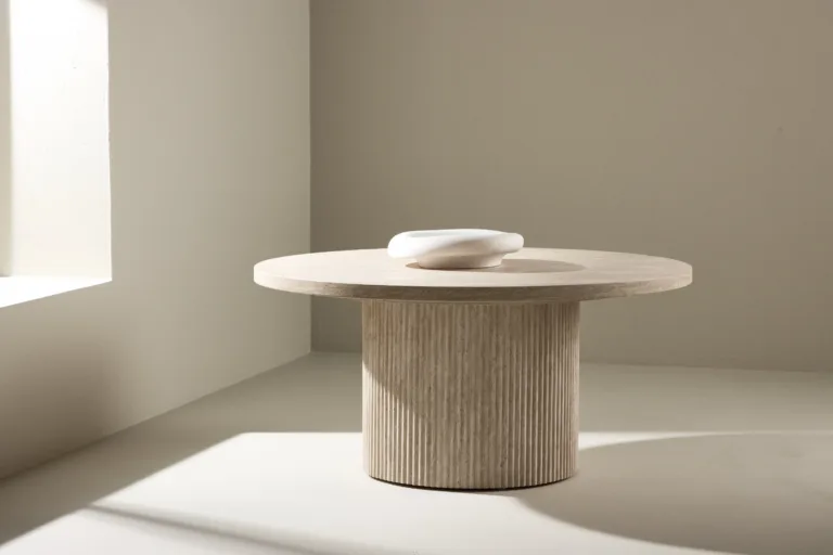 Beež MDF-plaadist ümar diivanilaud Härön (travertiini imitatsioon, ø80 cm) - 62058-999