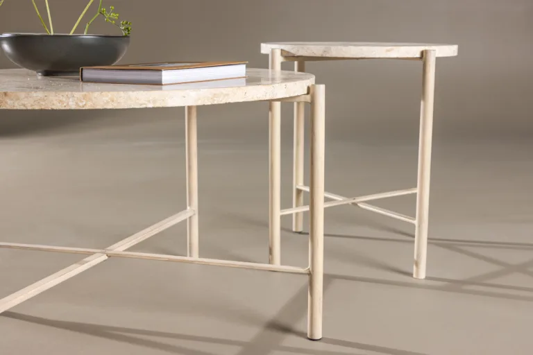 Beež kivist abilauakomplekt Sandhamn Mactani kivist lauaplaadi ja rauast jalgadega, ⌀70 cm ja ⌀40 cm - GR24620