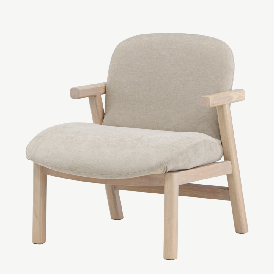 Beež polsterdatud tugitool Rile valge peitsiga kummipuust raamiga, 62028-120