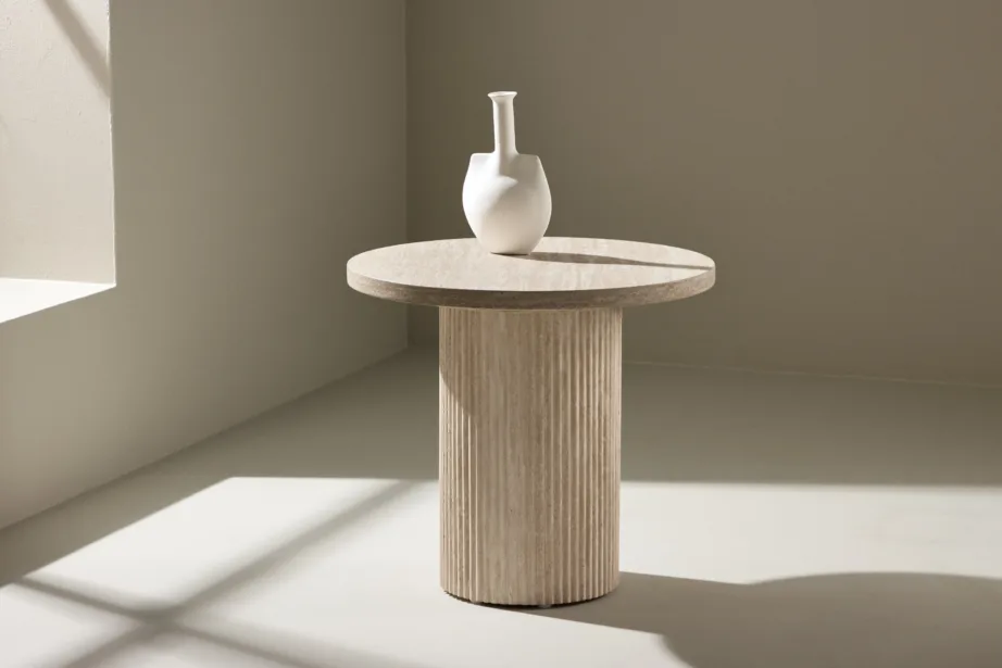 Beež ümmargune diivanilaud Härön (MDF, ø50×45 cm, travertiinimustriga), 62059-999 – 8