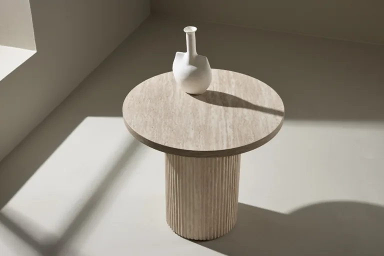 Beež ümmargune diivanilaud Härön (MDF, ø50x45 cm, travertiinimustriga) - 62059-999