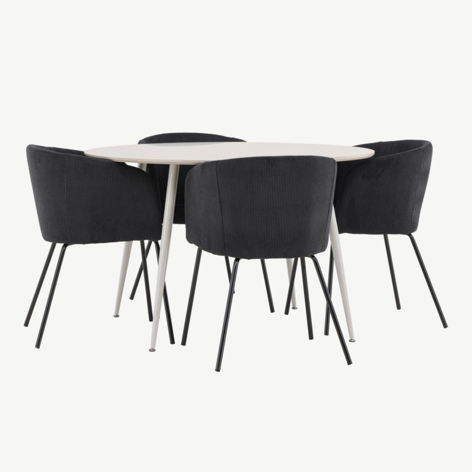 Beež ümmargune söögilaud Plaza ja 4 musta buklee kattega tooli Berit, GR24407