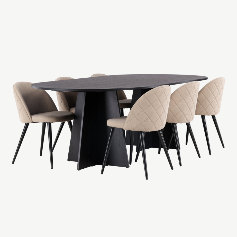 Bootcut ovaalne söögilaua komplekt musta MDF lauaga ja beežide polsterdatud toolidega, GR22854 – 3