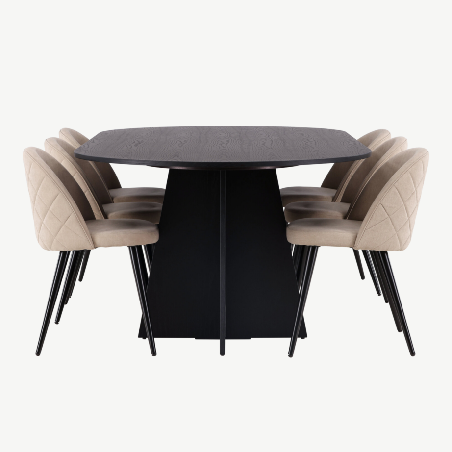 Bootcut ovaalne söögilaua komplekt musta MDF lauaga ja beežide polsterdatud toolidega, GR22854 – 7