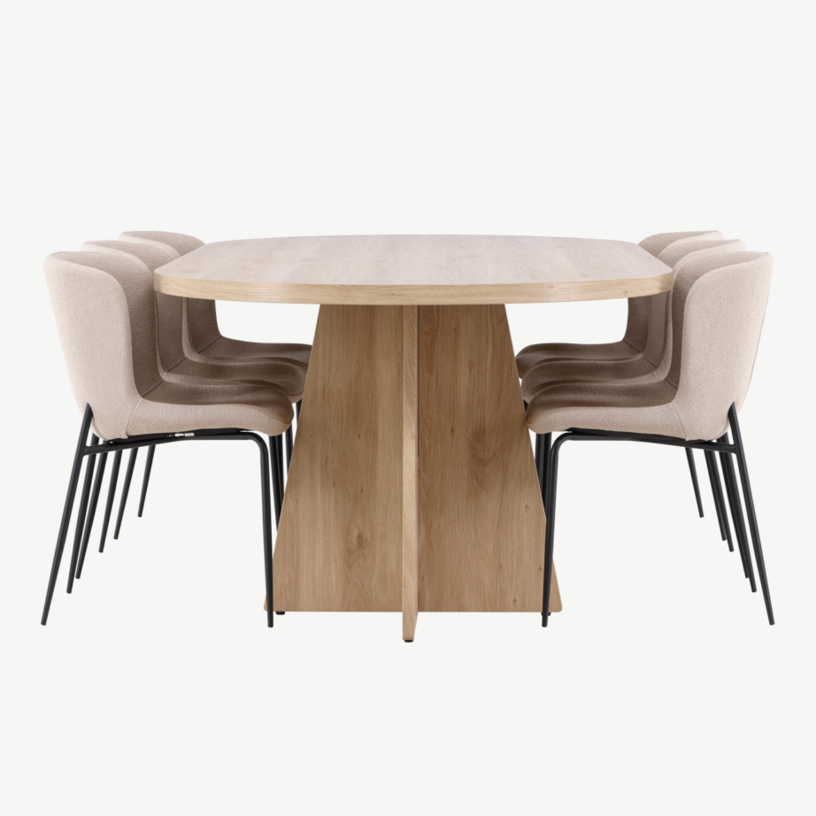 Bootcut ovaalne söögilauakomplekt Modesto toolidega (looduslik MDF, beež buklee, 230×115 cm), GR24562 – 2