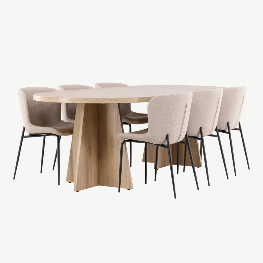 Bootcut ovaalne söögilauakomplekt Modesto toolidega (looduslik MDF, beež buklee, 230×115 cm), GR24562 – 3