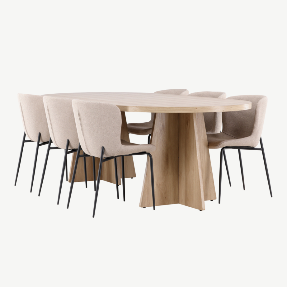 Bootcut ovaalne söögilauakomplekt Modesto toolidega (looduslik MDF, beež buklee, 230×115 cm), GR24562 – 6