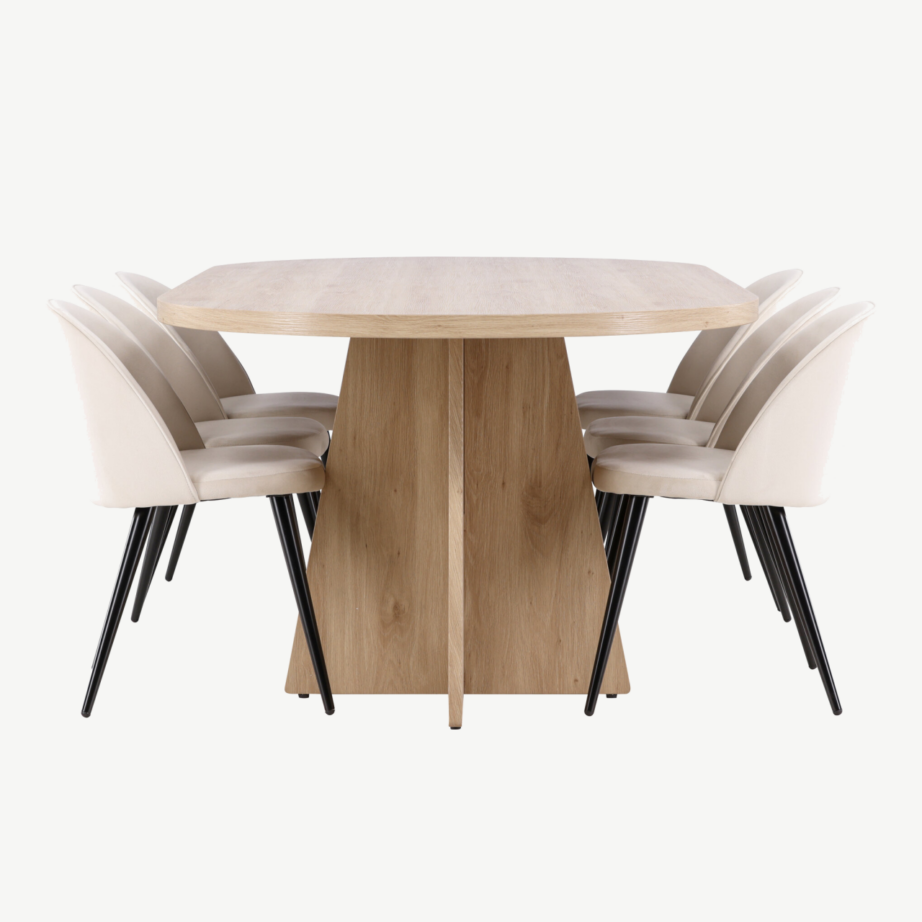 Ovaalne söögilauakomplekt Bootcut, must spoon, Evelina sametist söögitoolidega, GR23777 – 2