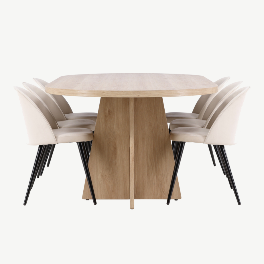 Ovaalne söögilauakomplekt Bootcut, must spoon, Evelina sametist söögitoolidega, GR23777 – 7