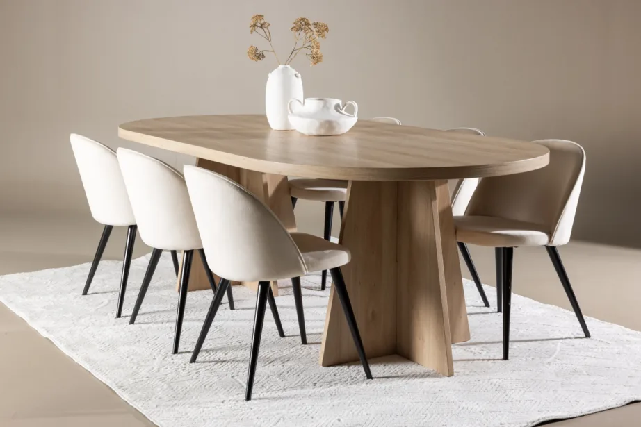 Ovaalne söögilauakomplekt Bootcut, must spoon, Evelina sametist söögitoolidega, GR23777 – 8