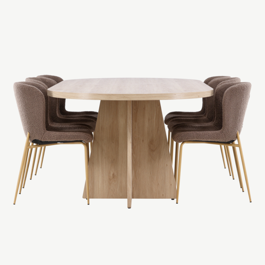 Bootcut ovaalne söögilaud ja 6 pruunist bukleekangast Modesto tooli komplekt, GR24554 – 2