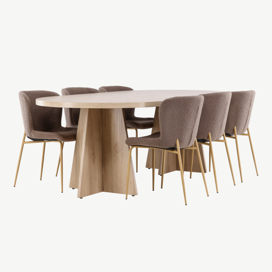 Bootcut ovaalne söögilaud ja 6 pruunist bukleekangast Modesto tooli komplekt, GR24554 – 3