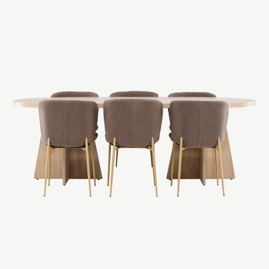 Bootcut ovaalne söögilaud ja 6 pruunist bukleekangast Modesto tooli komplekt, GR24554 – 5