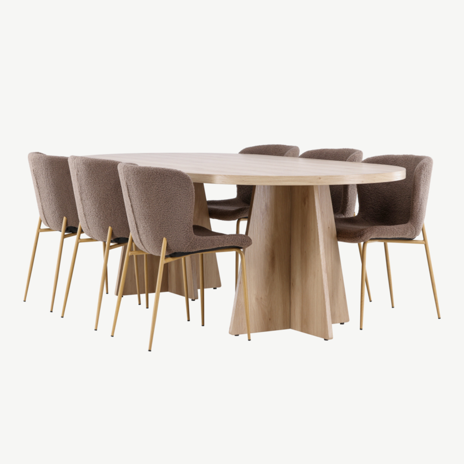 Bootcut ovaalne söögilaud ja 6 pruunist bukleekangast Modesto tooli komplekt, GR24554 – 6