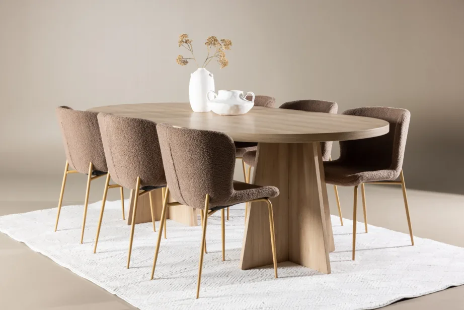 Bootcut ovaalne söögilaud ja 6 pruunist bukleekangast Modesto tooli komplekt, GR24554 – 8