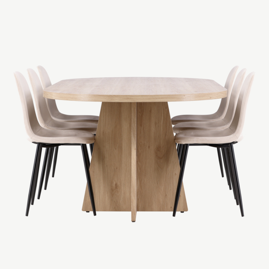 Bootcut söögilaud (230×115 cm) ja Polar velvetkangaga toolid, naturaalne puidutoon/beež, GR24561 – 2