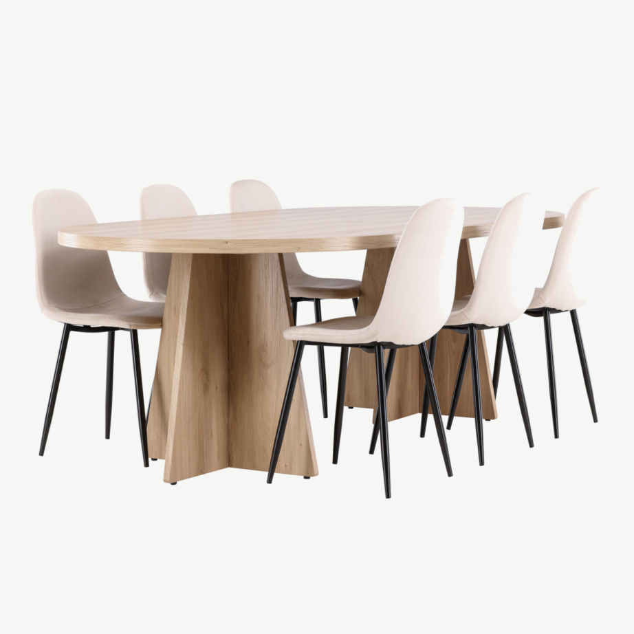 Bootcut söögilaud (230×115 cm) ja Polar velvetkangaga toolid, naturaalne puidutoon/beež, GR24561 – 3